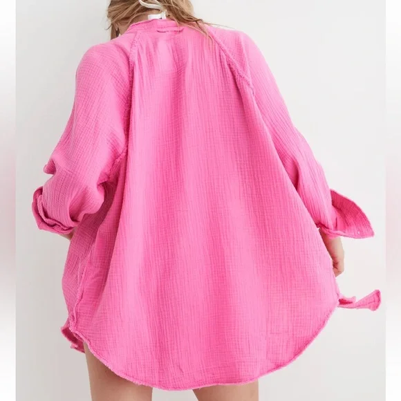 Aerie Pink Women's Gauzey Swim Cover-Up Top Size L Oversized Swim Beachy Boho - Picture 2 of 8